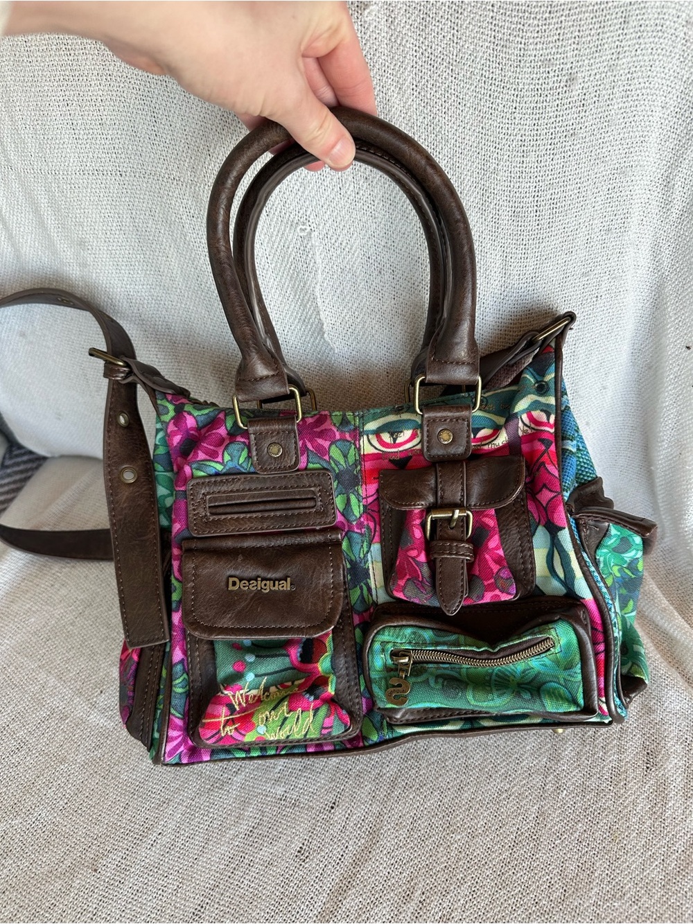 Vintage Desigual Floral Patchwork Shoulder Bag Multi Pocket Boho Satchel Purse - Picture 4 of 15